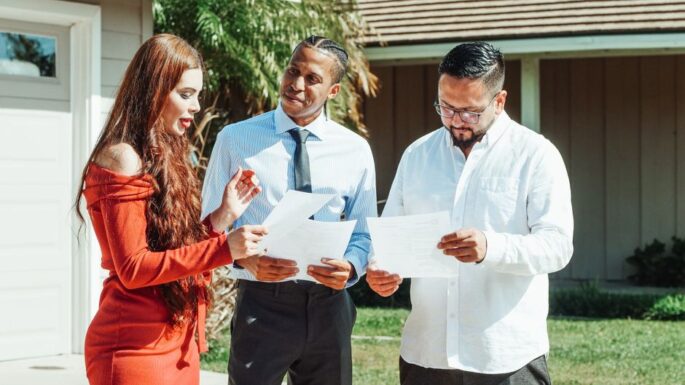 Professional real estate agent sits at a bright, modern kitchen table with a homeowner couple, calmly reviewing paperwork ...